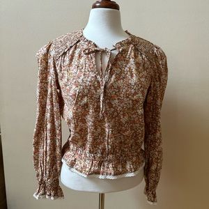 NWT American Eagle Size M, Ditsy Floral Top Smocking High Neck Brown Fall Tones